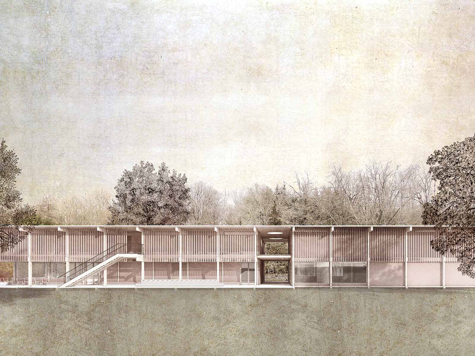 Neubau Garderoben- und Clubgebäude Sportanlage Hönggerberg_01 Ansicht vom Hauptspielfeld