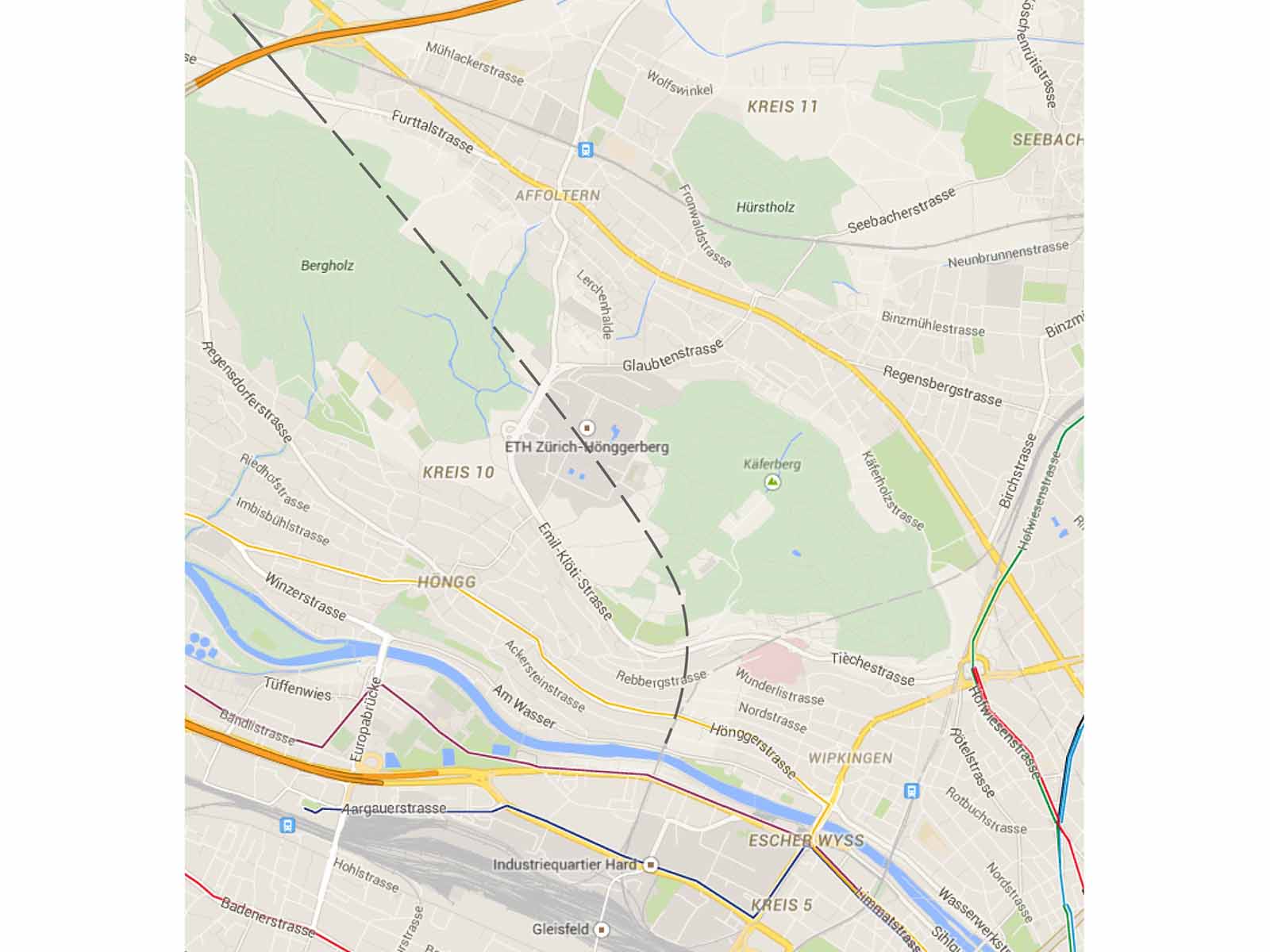 Die ergänzende Bahnlinie von 4,25 km Länge: Beim Letziviadukt abzweigend, unter der ETH Hönggerberg durch zum Aspholz und weiter auf dem bestehenden ZVV-Netz.