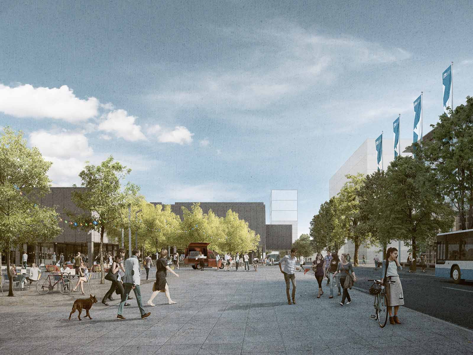 Die Vision 2040 beinhaltet die Umgestaltung der Wolfgang Pauli-Strasse zu einem breiten Boulevard für Fussgänger mit neugestalteten Gärten und Parks. Die geplanten Hochbauten liegen ebenfalls an dieser Strasse.